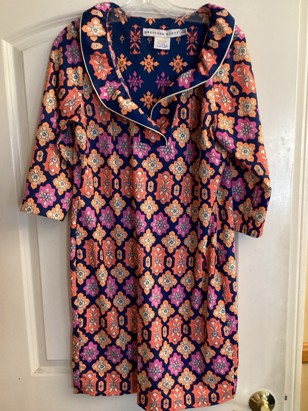 Gretchen Scott Ruffle-neck Dress Geometric Tile Print Navy / Orange Size L